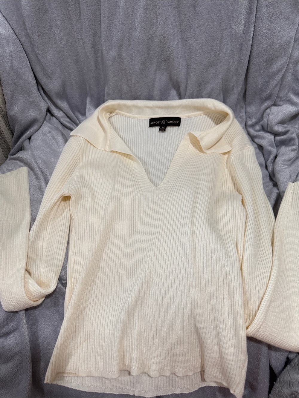 Almost Famous Cream Ribbed V-Neck Sweater with Fold-Over Collar